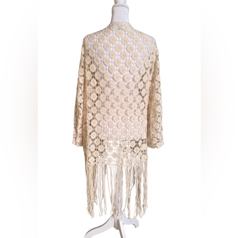 Rebellion Ivory Crochet Lace Fringe Kimono Cardigan - Picture 2 of 5
